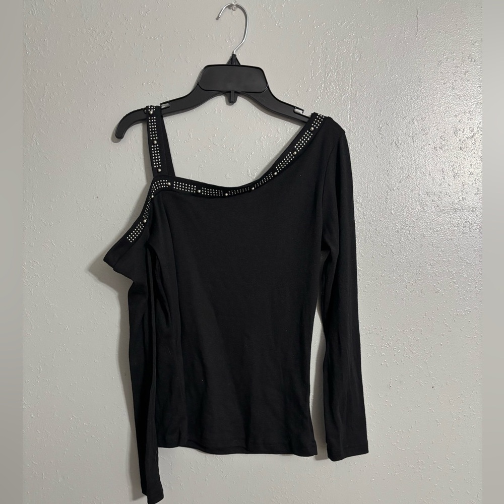 Black One Shoulder Rhinestone Shirt